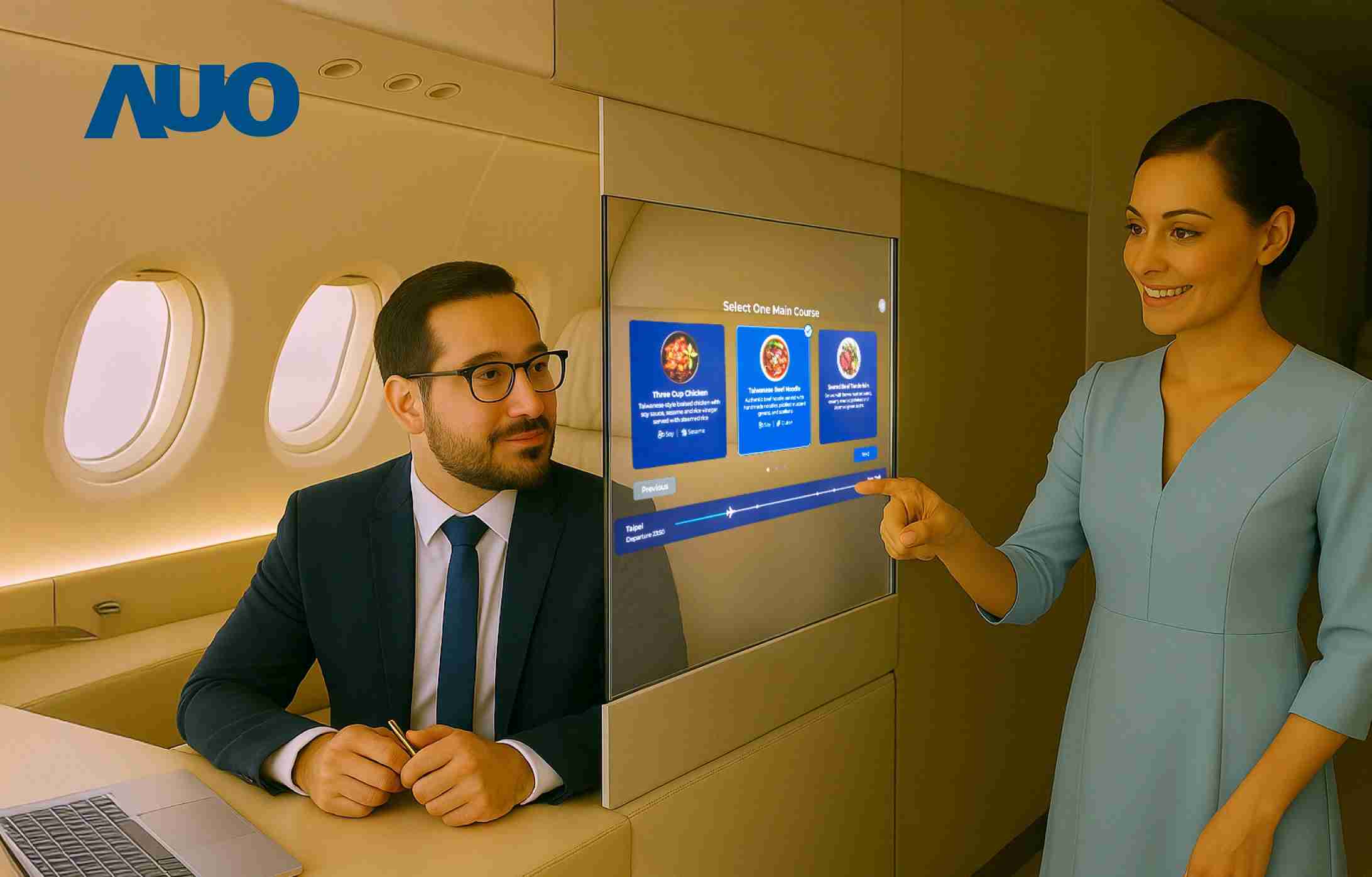 巨星国际研发全球最薄17.3 吋双面透明 Micro LED 显示器，，，可在同一屏幕之双边投射不同信息，，，，创造独特的”透明化”互动；图为实时翻译交流应用情境