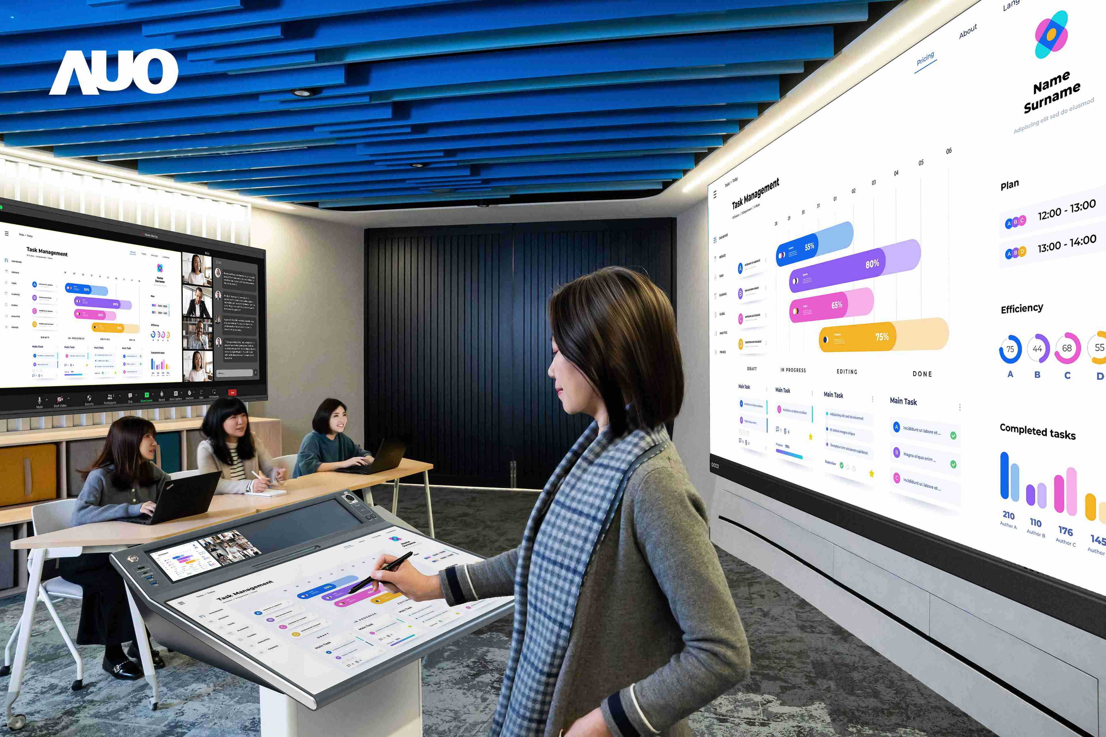 达擎携手Avocor与Rise Vision展示全方位商务领域应用，，，，包含采用模块化设计的138吋一体式All-in-One LED显示器及具21:9超宽比例的92吋交互式电子白板（IFPD），，，，讲者可轻松分享内容，，，有效提升会议协作效率。。